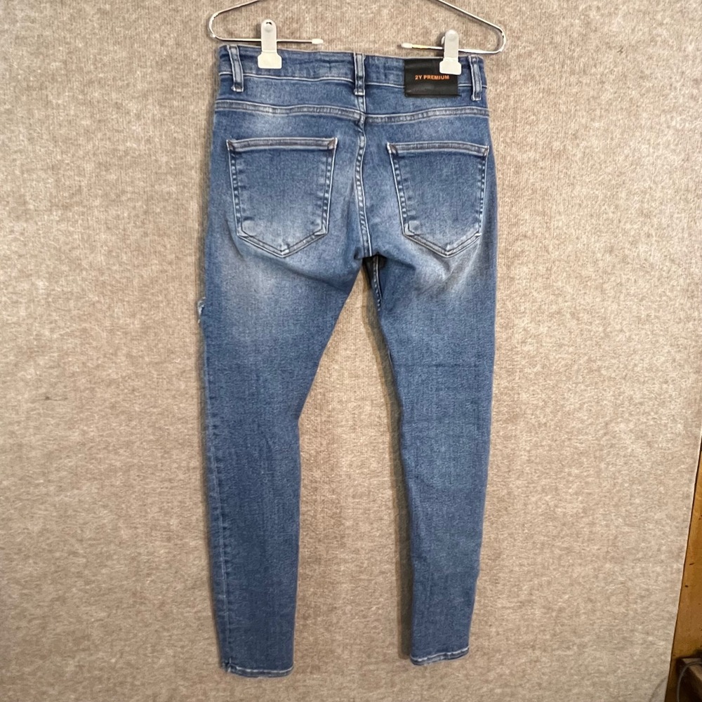 2Y Premium Distressed Skinny Jeans Mens 28 Blue Ripped Stretchy Streetwear - Picture 2 of 12